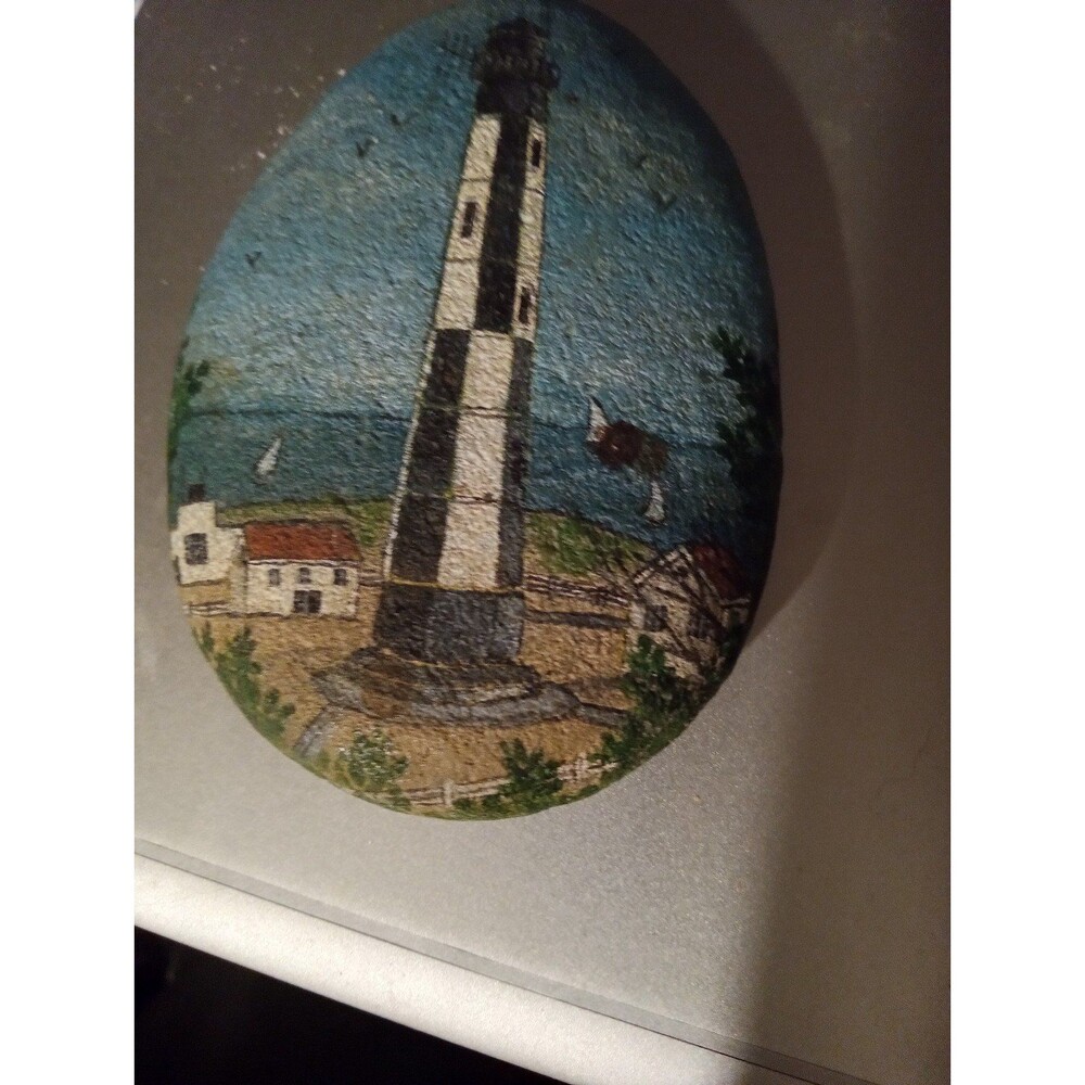 Painted rock paperweight The New Cape Henry Lighthouse Signed C.Thoben 186